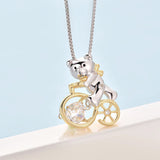 Bear Ride Bicycle Dancing Stone Pendant Necklace 925 Sterling Silver XFN8103