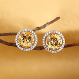 14K White Gold Stud Natural 2.5 Ct Yellow Topaz Earrings Halo 0.285 Ct Diamonds KE7005