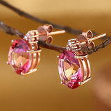 14K Rose Gold 2.1 Ct Oval Pink Topaz Earrings 0.07 Ct Natural Diamonds KE7015