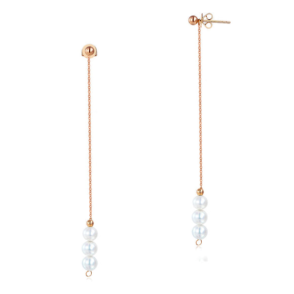 18K/750 Rose Gold Drop Dangle Long Line 3 Pearls Earrings KE7051