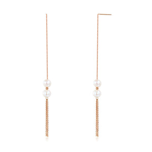 18K/750 Rose Gold Drop Dangle Double Pearls Earrings KE7056