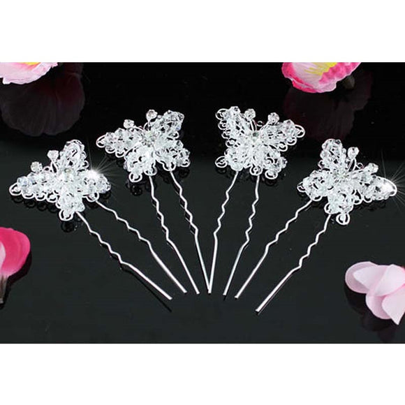 4 pcs X Bridal Handmade Butterfly Crystal Silver Hair Pins XP1146