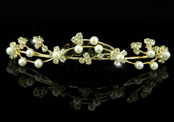Bridal Clear Rhinestone Faux Pearl Gold Tiara Comb XT1131