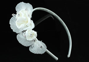 Handmade Wedding White Flower Satin Crystals Headband Tiara XT1365