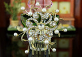 Wedding Flower Crystal Pearl Gold Plated Hair Comb XT1367