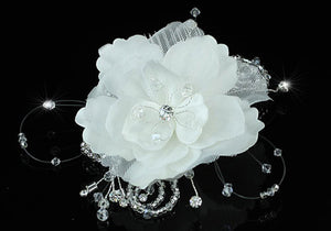 Bridal Handmade White Flower Fabric Crystal Hair Comb XT1392