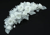 Bridal Handmade White Rose Fabric Crystal Hair Comb XT1394