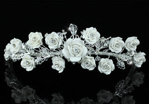 Bridal Wedding Handmade White Rose Ceramic Clay Crystal Tiara XT1396