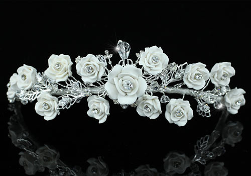 Bridal Wedding Handmade White Rose Ceramic Clay Crystal Tiara XT1396