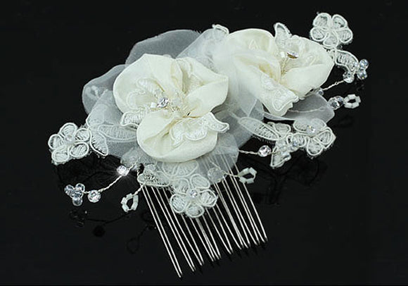 Bridal Wedding Handmade Ivory Fabric Flower Crystal Hair Comb XT1430