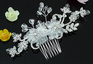 Bridal Handmade White Flower Fabric Crystal Hair Comb XT1446