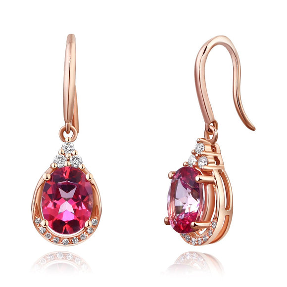 14K Rose Gold Dangle 1.6 Ct Natural Pink Topaz Earrings 0.185 Ct Diamond Wedding