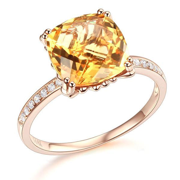 14K Rose Gold Luxury Wedding Anniversary Ring Yellow 3.6 Ct Cushion Citrine Diamond