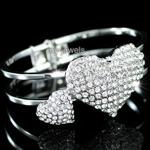 Bridal Double Heart Crystal Cuff Bangle Bracelet XB048