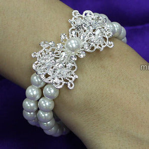 Bridal White Faux Pearl Bracelet use Austrian Crystal XB061