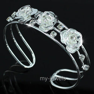 Bridal Wedding Rose Crystal Silver Cuff Bangle XB068