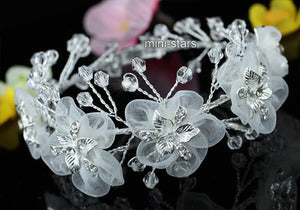 Bridal White Fabric Flower Crystal Handmade Bangle Bracelet XB070