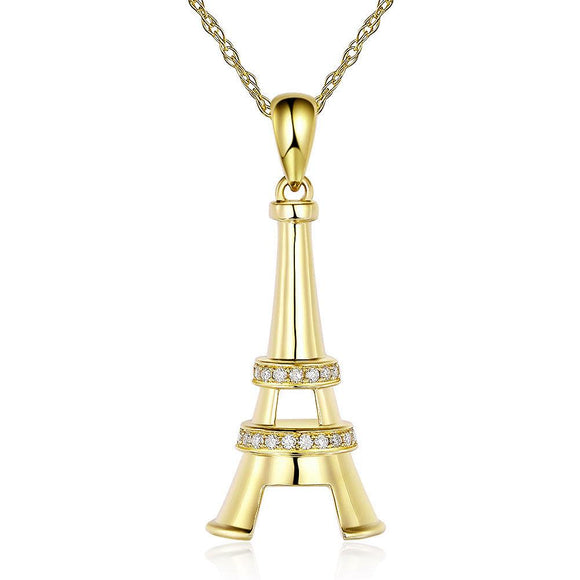 14K Yellow Gold Eiffel Tower Pendant Necklace 0.1 Ct Diamonds