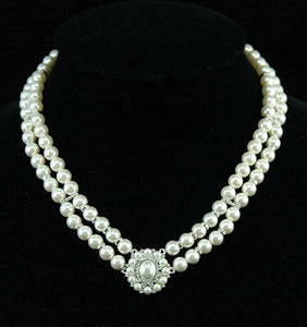 Vintage Style White Shell Pearl w/ Swarovski Crystal Necklace XC033