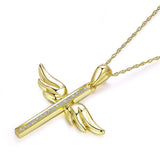 14K Yellow Gold Angel Wing Cross Pendant Necklace 0.08 Ct Diamonds