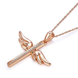 14K Rose Gold Angel Wing Cross Pendant Necklace 0.08 Ct Diamonds