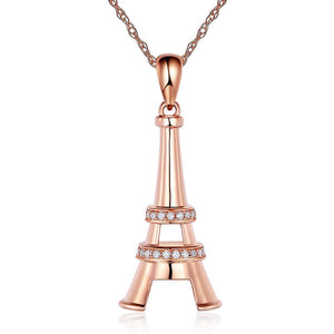 14K Rose Gold Eiffel Tower Pendant Necklace 0.1 Ct Diamonds