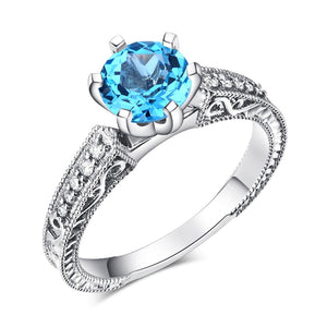 14K White Gold Vintage Wedding Engagement Ring Swiss Blue Topaz Natural Diamond