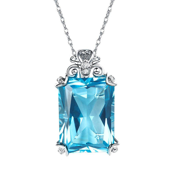 Vintage Style 14K White Gold 13 Ct Swiss Blue Topaz Pendant Necklace 0.1 Ct Diamond