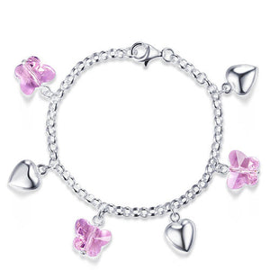 Solid 925 Sterling Silver Pink Butterfly Hearts Bracelet Baby Kids Girl Gift Children Jewelry XFB8004