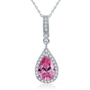 925 Sterling Silver Fashion Bridesmaid Pink Pendant Necklace Bridal Wedding Tear Drop XFN8041