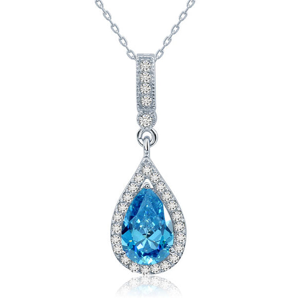 925 Sterling Silver Fashion Bridesmaid Blue Pendant Necklace Bridal Wedding Tear Drop XFN8042