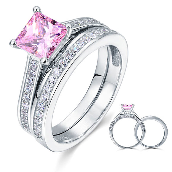 1.5 Carat Princess Cut 2-Pc Fancy Pink Created Diamond 925 Sterling Silver Wedding Engagement Ring Set XFR8195S