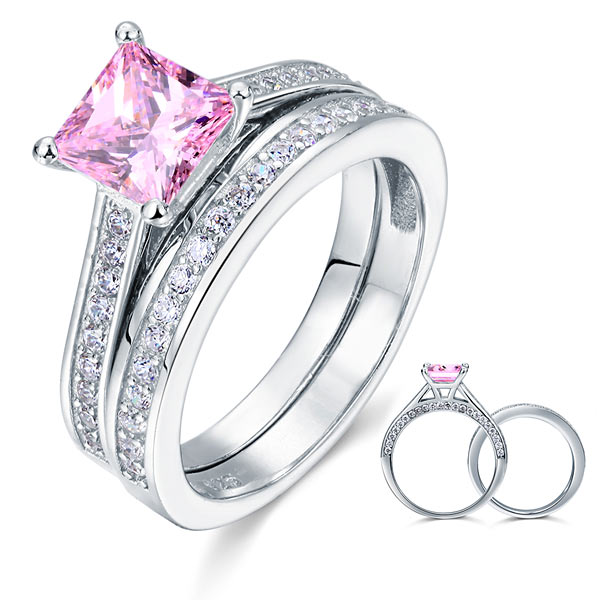 1.5 Carat Princess Cut 2-Pc Fancy Pink Created Diamond 925 Sterling Silver  Wedding Engagement Ring Set XFR8195S