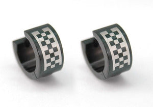 Mens Black Checkered Solid Stainless Steel Earrings ME138