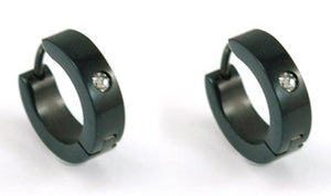 Black R&B CZ Created Stone Hoop Stainless Steel Mens Earrings ME214