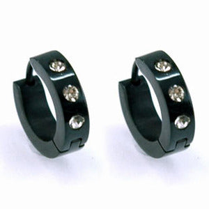 Black 3 CZ Created Studs Stainless Steel Hoop Mens Earrings ME215