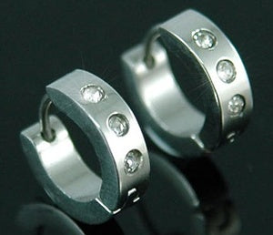 Shine 3 CZ Created Studs Stainless Steel Hoop Mens Earrings ME235