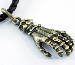 Gothic Skeleton Hand Black Rubber Brass Mens Necklace MN059