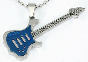 Blue Guitar Music Instrument Stainless Steel Mens Pendant Necklace MP043