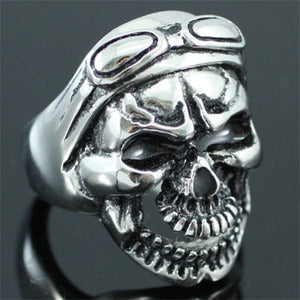 Biker Skull Head Goggles Stainless Steel Mens Ring MR088