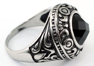 Gothic Round Black Agate Magnetic Health Stainless Steel Mens Ring MR159