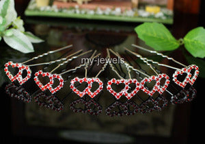 6 pcs X Bridal Wedding Double Hearts Red Rhinestone Hair Pins XP1086