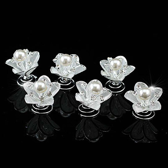 6 pcs X Bridal Pearl Crystal Flower Hair Twists XP1136
