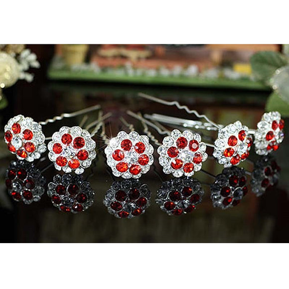 6 pcs Set X Bridal Red Flower Crystal Hair Pins XP1148