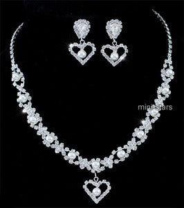 Bridal Wedding Party Heart Faux Pearl Crystal Necklace Earrings Set XS1110