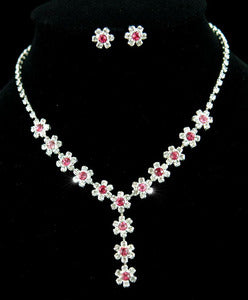Bridal Wedding Party Dangle Pink Flower Crystal Necklace Earrings Set XS1118