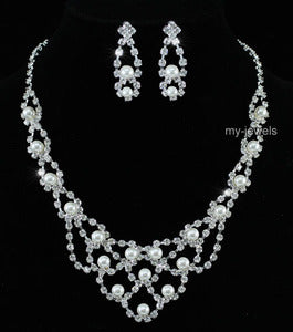 Bridal Faux Pearl Crystal Necklace Earrings Set XS1162