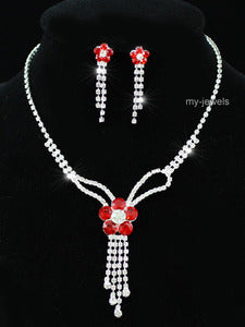 Bridal Red Flowers Crystal Necklace Earrings Set XS1167