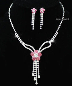 Bridal Pink Flowers Crystal Necklace Earrings Set XS1168