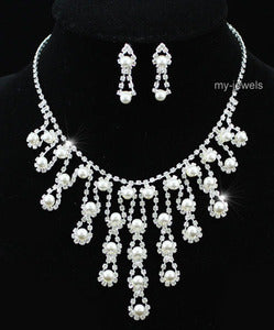 Bridal Queen White Faux Pearl Necklace Earrings Set XS1171